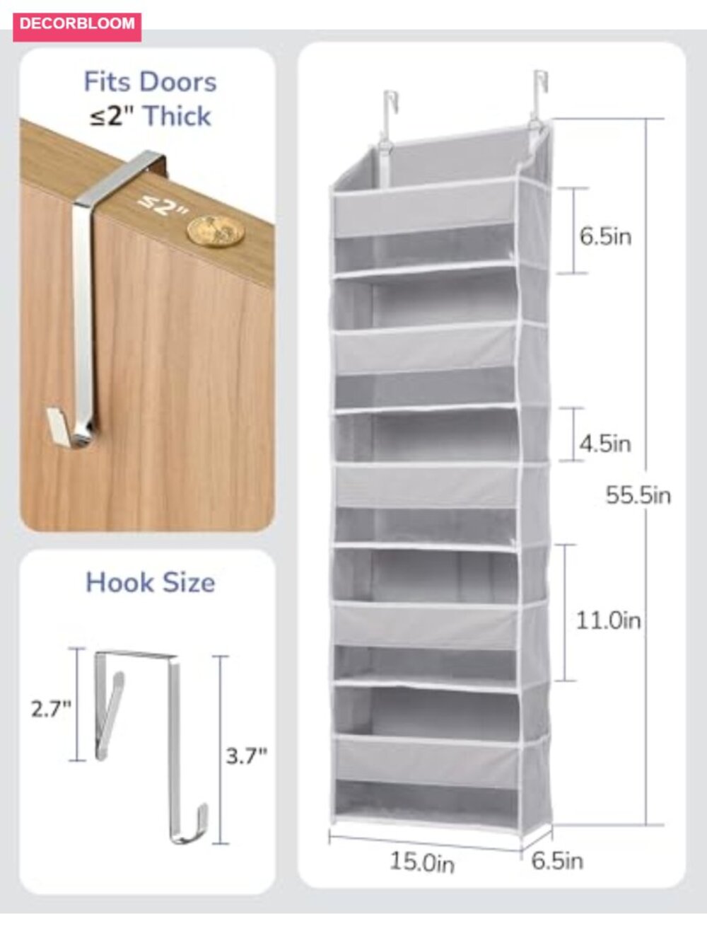 5-Layer Over Door Storage Organizer with Mesh Pockets, Clear Windows, 44 lbs - Picture 2 of 6